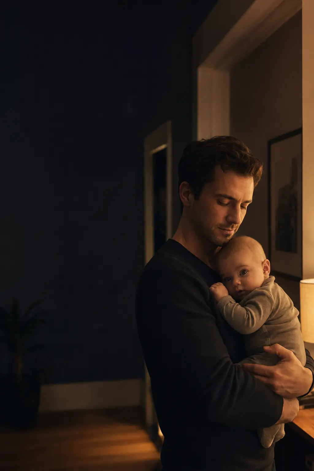 A parent calmly holding an awake baby at home in the evening
