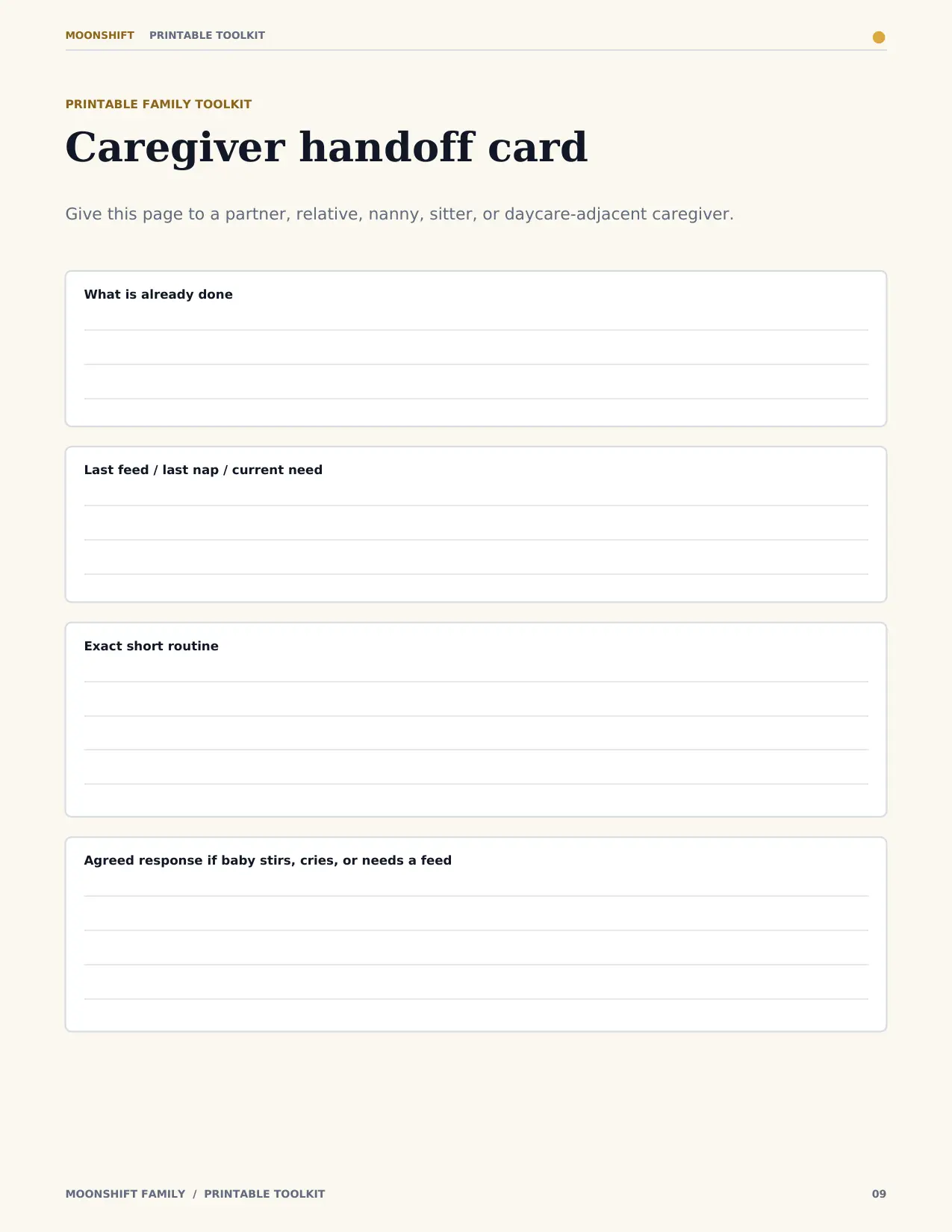 Moonshift printable caregiver handoff card