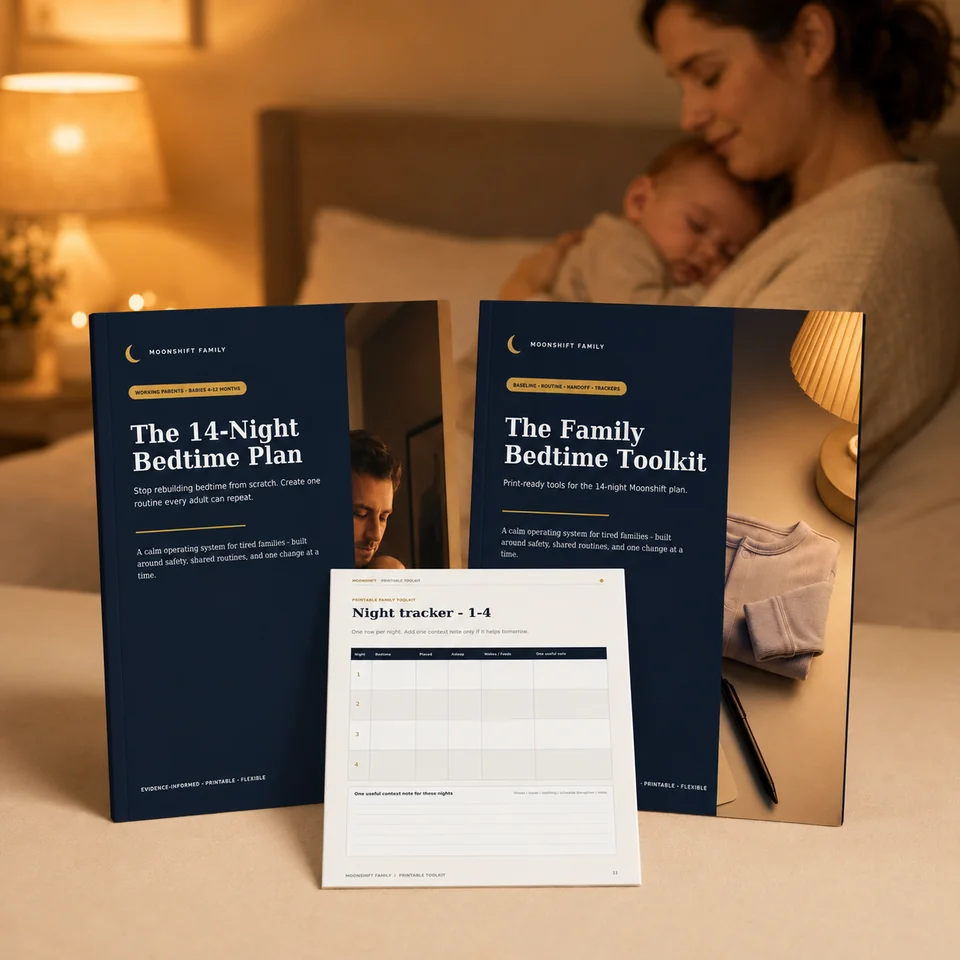Moonshift Baby Bedtime Routine Bundle with guide, printable caregiver toolkit, and night tracker